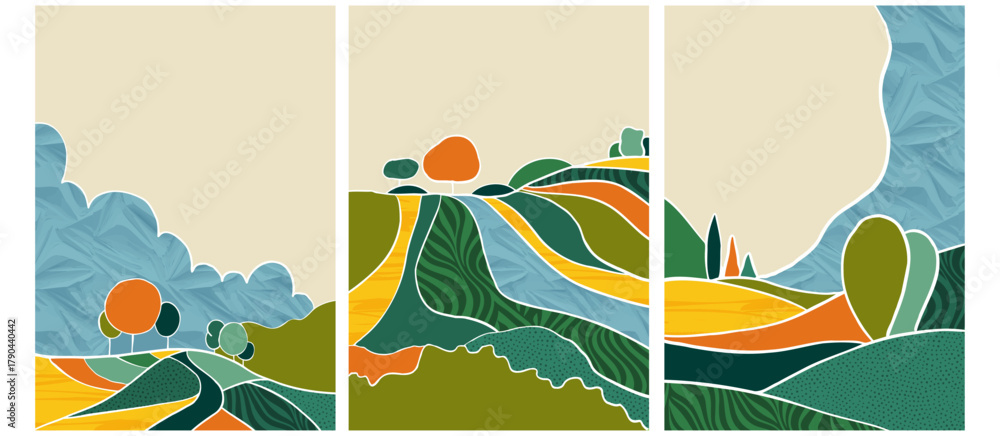 Fototapeta premium Abstract aesthetic eco green collage design. Organic nature shape vector illustration. Landscape pattern composition. Geometric field ornament. Contemporary poster collection, modern field background