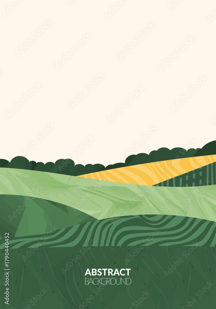 Fototapeta premium Green abstract agriculture field vector leaflet. Agro card template, farm presentation. Vertical a4 layout with nature theme. Minimalist shape, agri design. Field view, texture background
