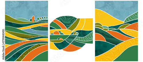 Green abstract agriculture field vector leaflet. Agro card template, farm presentation. Set of a4 layout with nature theme. Minimalist shape, agri design. Field view with texture background