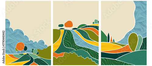 Abstract aesthetic eco green collage design. Organic nature shape vector illustration. Landscape pattern composition. Geometric field ornament. Contemporary poster collection, modern field background