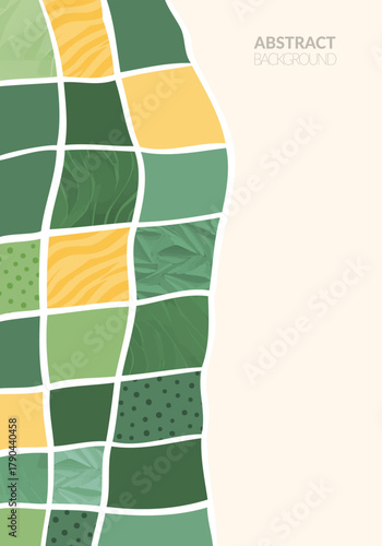 Abstract farm field collage background. Agro land backdrop, farmland landscape vector illustration with texture. Oriental decorative poster, eco design, green rural template, ecology art header