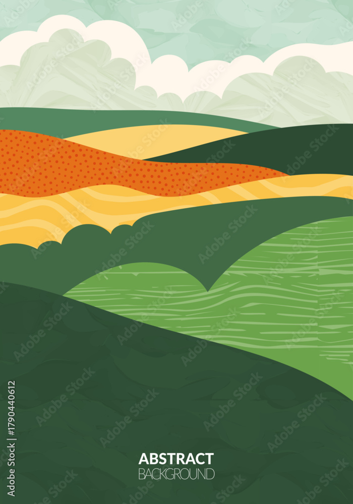 Obraz premium Green farm agriculture field template. Agro design vector layout. Abstract eco poster. Vertical ecology background. Eco countryside, hill shape, decoration organic farmland, nature art leaflet