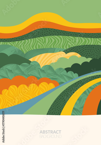 Abstract farm agriculture vertical template. Green field pattern, eco background, nature landscape vector illustration with texture. Farmland collage for leaflet, booklet. Ecology backdrop, card