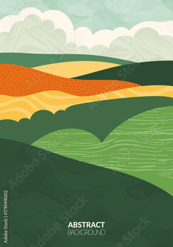 Green farm agriculture field template. Agro design vector layout. Abstract eco poster. Vertical ecology background. Eco countryside, hill shape, decoration organic farmland, nature art leaflet