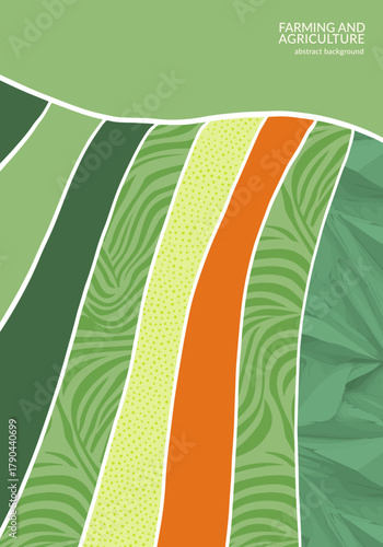 Green abstract map pattern vector illustration. Eco farm field background. Agriculture patchwork poster. Organic farmland card, motley landscape, countryside aerial view. Set of ecology postcard