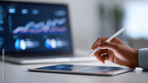 Focused african american business person analyzing financial data on tablet and laptop screen. Working on stock market chart for business growth, investment, and technology