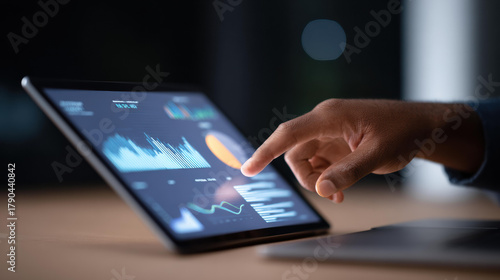Focused business person touching tablet screen to analyze financial data on dashboard. interactive chart and graph show company growth and market analysis