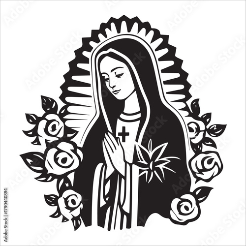 Holy Virgin Mary Icon With Floral Halo