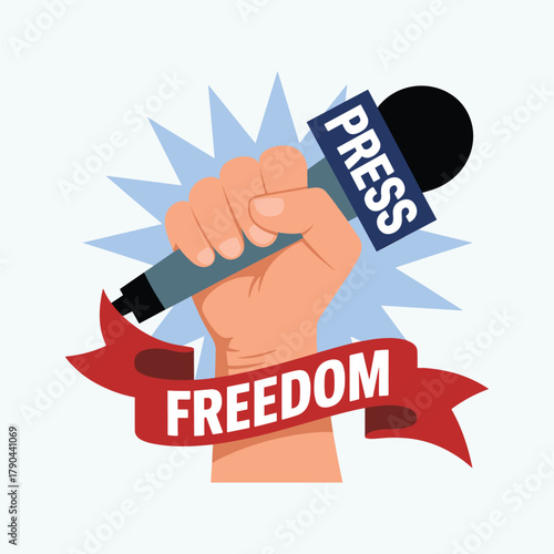 Fist holding microphone with press label and freedom ribbon against light blue starburst hand