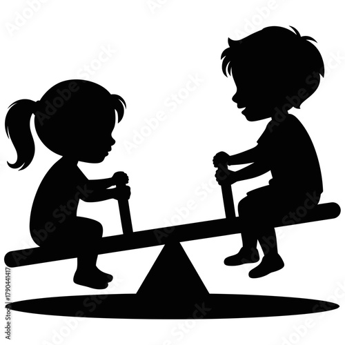 Silhouette of two children playing on a seesaw isolated on white background