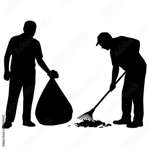 Silhouettes of two men raking leaves and bagging them isolated on white background