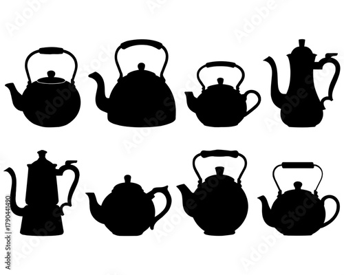 Collection of silhouette teapots and coffee pots isolated on white background