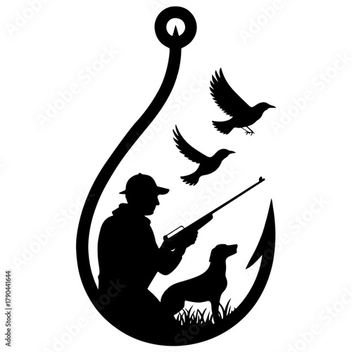 Silhouette of a hunter with dog and birds inside a fishing hook isolated on white background