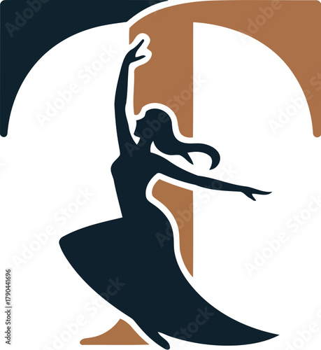 Elegant dancer silhouette with letter t initial for dance studio typography logo