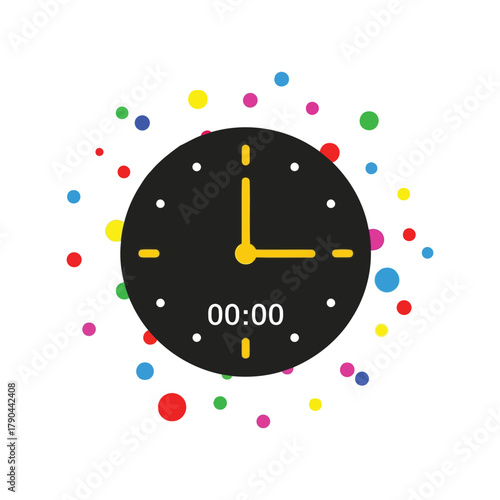 Modern clock face with colorful confetti dots isolated on white background Vector, illustration