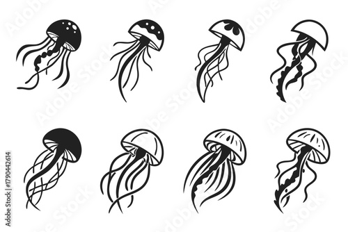 Stylized jellyfish vector art icon set in black yellow cyan magenta
