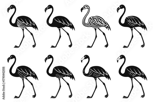 Realistic standing flamingo icon set minimalist design