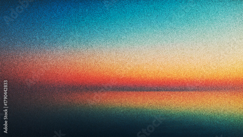 Dreamy tranquil grainy sunset reflected on still water with nostalgic analog film texture created from thousands of individual dots. Delicate film grain horizon glowing with serene dusk colors. Vector