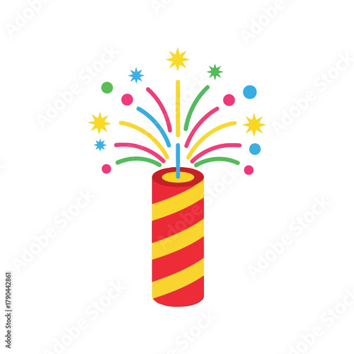 Colorful firecracker exploding with stars and confetti isolated on white background Vector, illustration