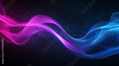 Glowing neon pink and blue flowing wave with sparkles on dark background
