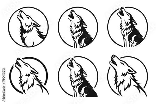 Realistic wolf howling icon set