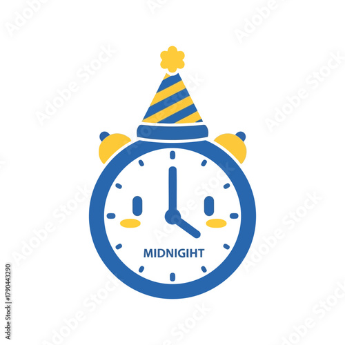 New year midnight celebration alarm clock with party hat icon Vector, illustration