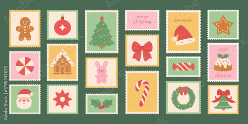 Winter vacation hand-drawn postage stamps, doodle style.Christmas set:festive postmarks and holiday elements—Xmas tree, ribbons, bows,gingerbread, toys, Santa, hat, pudding, wreath, holly, bell, candy