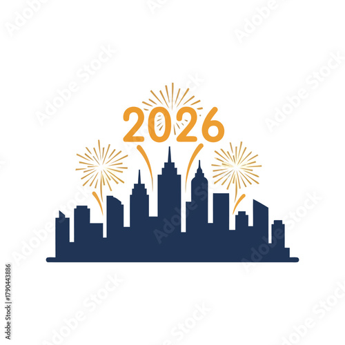 Happy new year 2026 fireworks over city skyline celebration greeting card Vector, illustration