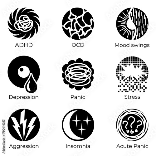 Mental Health Disorders Icon Set: Vector collection of 9 symbols representing psychological issues like ADHD, OCD, Depression, Panic, Stress, Mood Swings, Aggression, and Insomnia