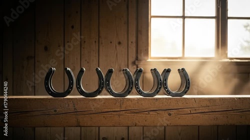 Row of lucky horseshoes on a rustic wooden shelf, sunlight streaming through a window, concept of good luck charm and western decor