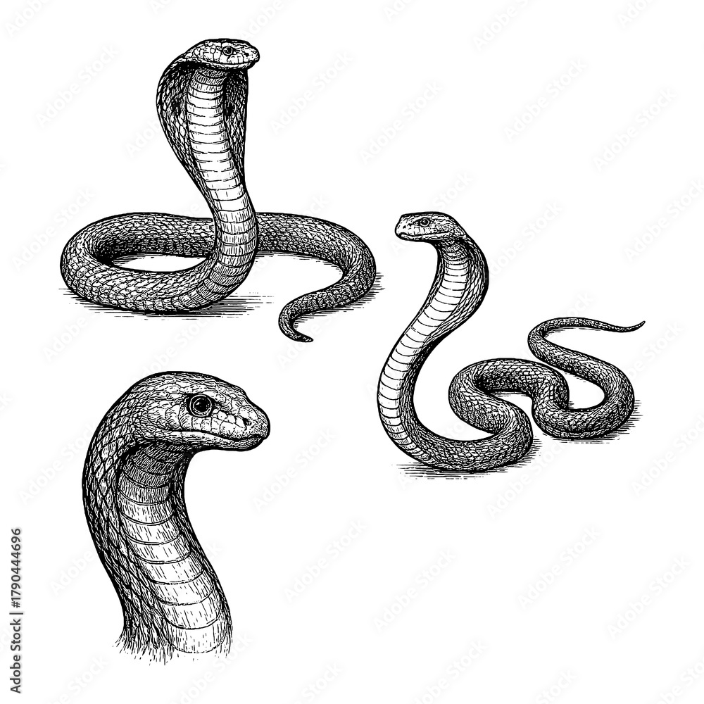 Fototapeta premium Cobra snake in hand-drawn sketch style with textured shading, Transparent Background