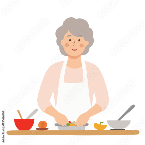 Retired chef preparing a meal. Senior cook cooking in kitchen. Elderly person stirring ingredients. Mature chef making a homemade dish. Elderly set