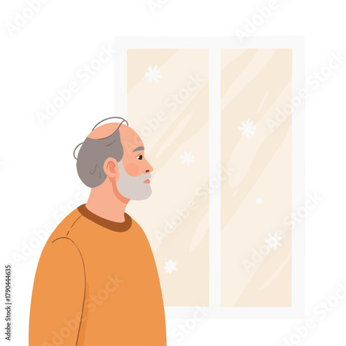 Senior man by the window. Elderly man standing near a window. Older gentleman looking through the window. Mature man pictured by window light. Elderly set