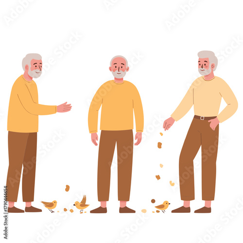 Senior men feeding birds. Elderly men scattering birdseed. Older men feeding pigeons outdoors. Retirees feeding birds together. Elderly set