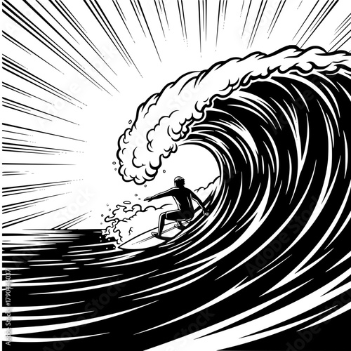 Black and White Line Art of Lone Surfer Riding Curling Ocean Wave, Dynamic Motion Illustration