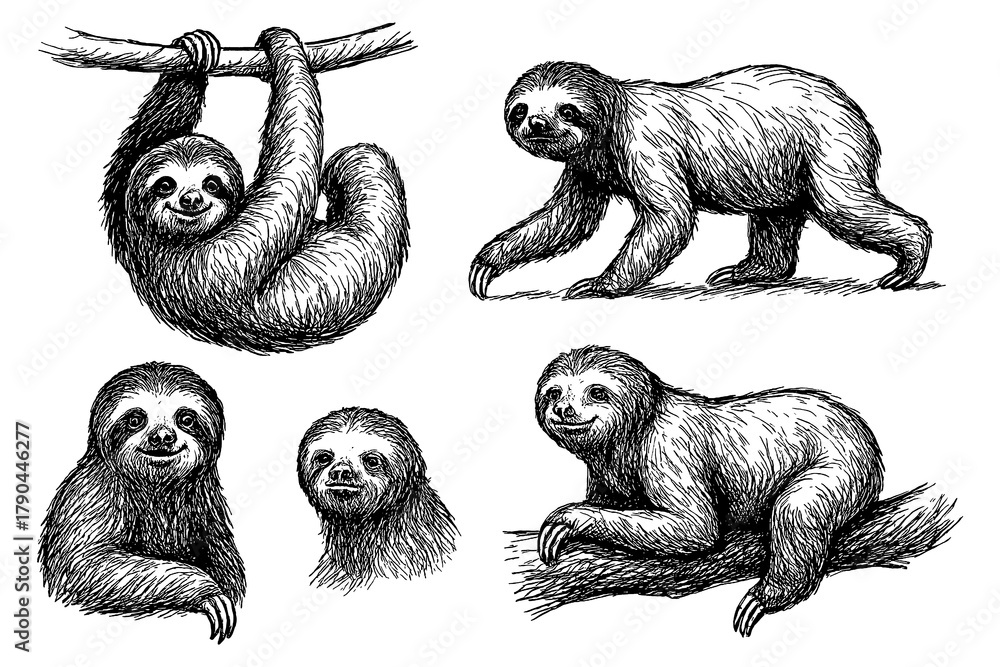 Naklejka premium Sloths in multiple poses with detailed hand drawn pen sketch style, Transparent Background