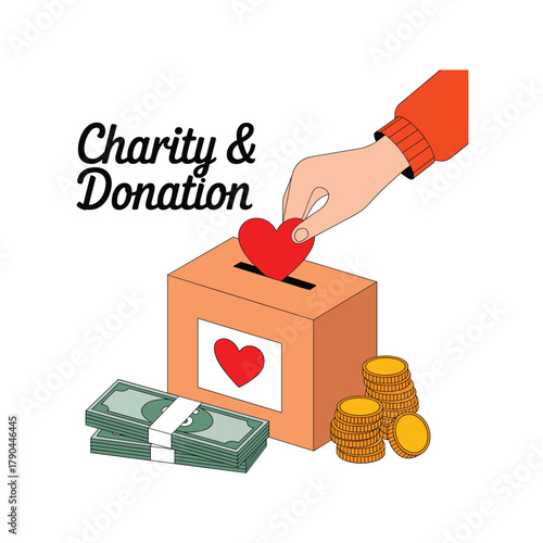 Hand placing red heart into orange donation box with stacks of cash and gold coins charity giving vector illustration.