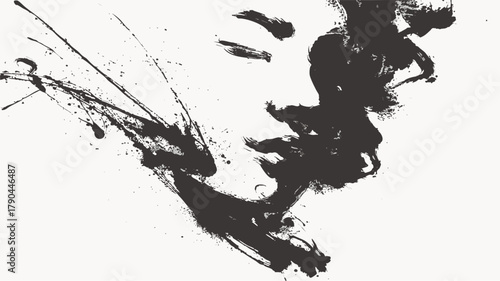 Abstract female portrait in oriental ink brush painting style — minimalist black and white art