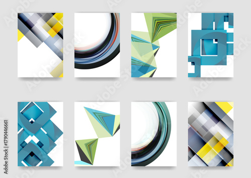 Abstract geometric designs. Various shapes, lines, colors create modern visual patterns. Bright hues dominate compositions.