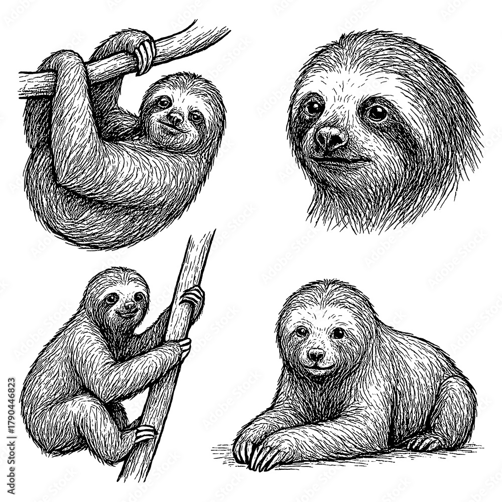 Fototapeta premium Sloths in multiple poses with detailed hand drawn pen sketch style, Transparent Background