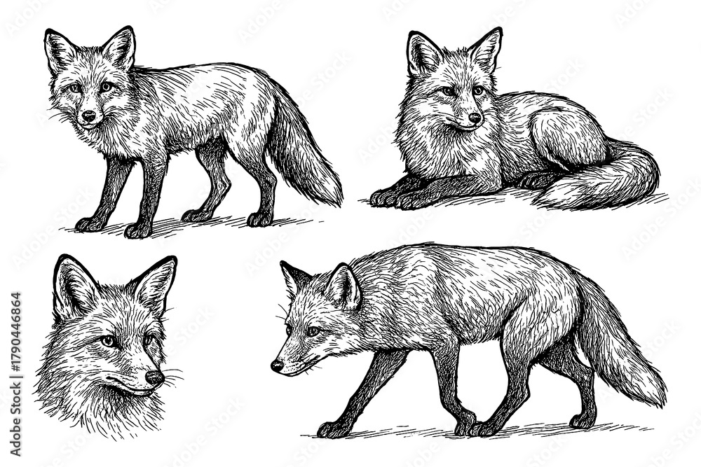 Naklejka premium Foxes in various poses with detailed hand drawn pen sketch style, Transparent Background