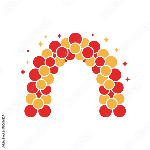 Red and yellow balloon archway decoration with sparkles, party entrance Vector, illustration