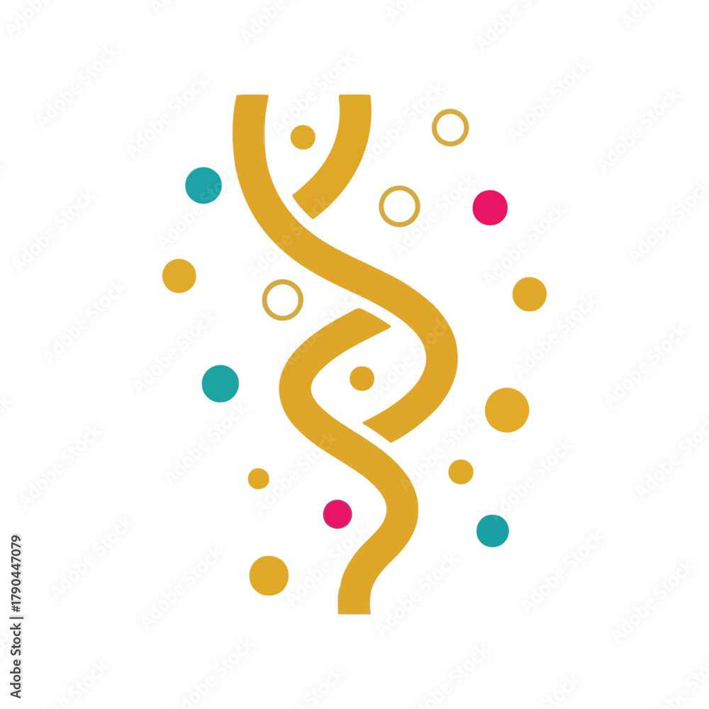 Fototapeta premium Golden swirl ribbon with colorful confetti dots isolated on white background Vector, illustration