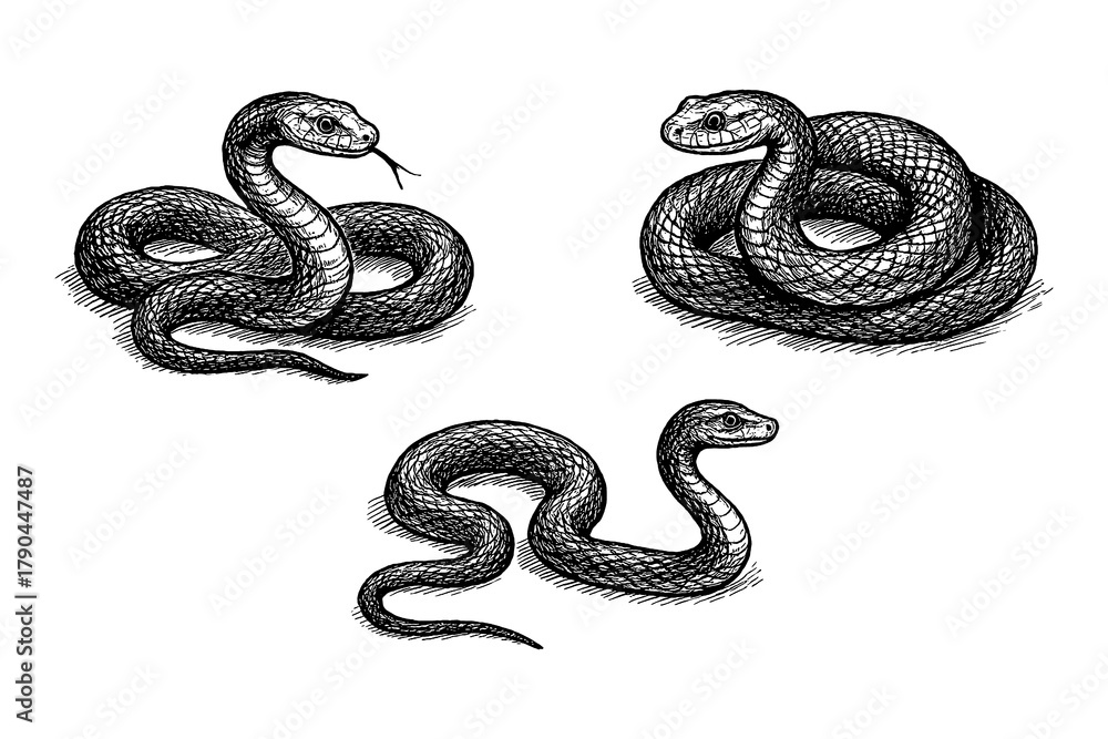 Obraz premium Black mamba snake in hand-drawn sketch style with textured shading, Transparent Background