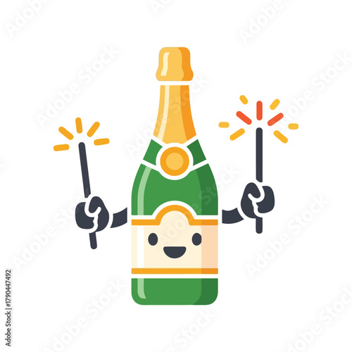 Cute cartoon champagne bottle character celebrating with sparklers Vector, illustration