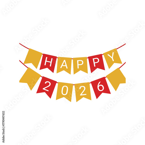 Happy 2026 banner bunting flags celebration new year festive decoration Vector, illustration