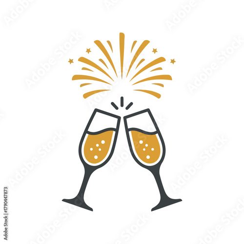 Toast of champagne glasses with golden sparklers and stars celebration icon Vector, illustration