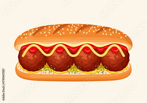 A clean vector illustration captures a classic meatball sub, detailed with four large meatballs, perfectly zigzagged ketchup and mustard, fresh herbs, and a sesame seed bun