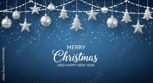 merry christmas and happy new year card. Merry Christmas and Happy New Year Vector Background with Silver Ornaments and Snow. Merry Christmas and New year banner. Christmas and New year greetings