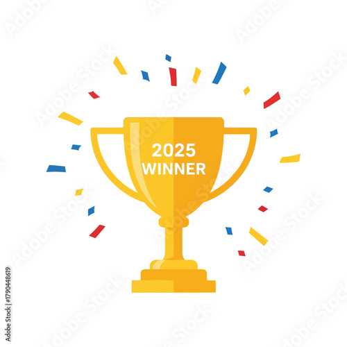 Golden trophy with confetti for 2025 winner celebration and achievement Vector, illustration
